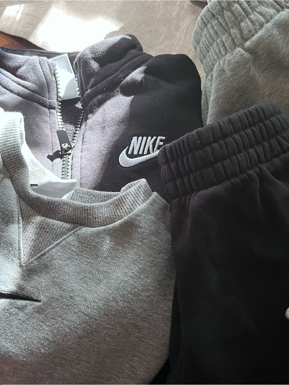 Nike Kids Black and Gray Sweatpants & Hoodie Set with White Logo